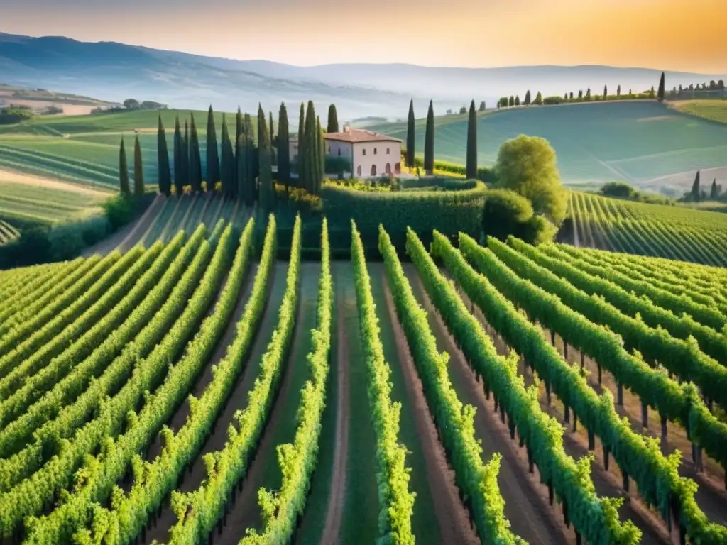 Viñedo de Toscana al atardecer: inversión en el paraíso Inversión inmobiliaria en viñedos internacionales: viñedo en las colinas de la Toscana al atardecer, rodeado de cipreses y una casa rústica