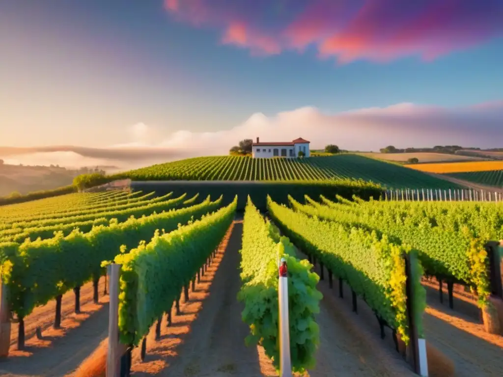 Vista panorámica de bodega moderna en viñedos al atardecer Inversión inmobiliaria en viñedos internacionales: Bodega moderna rodeada de viñedos al atardecer, con arquitectura elegante y uvas maduras