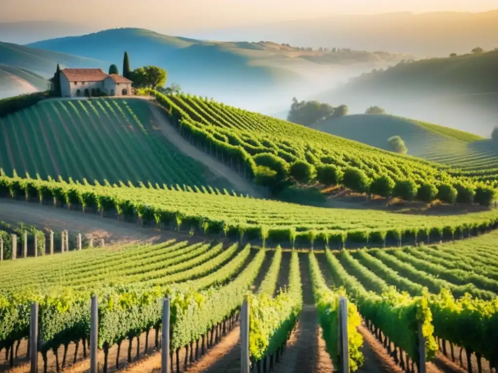 Viñedos exuberantes y serenos: inversión en propiedades vinícolas Inversión inmobiliaria en viñedos internacionales: Viñedos verdes y bodega rústica bajo cielo azul, trabajadores cuidando las vides