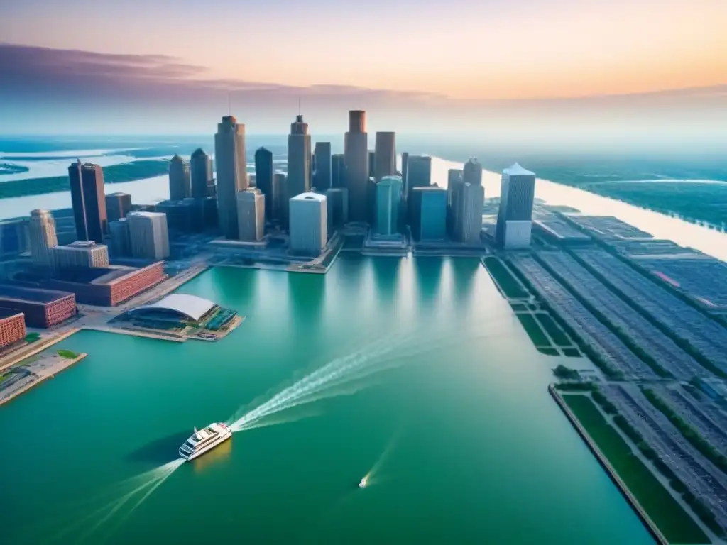 Vista aérea impactante de Detroit: historia y modernidad junto al río Inversión inmobiliaria en Detroit revitalización: Vista aérea de la ciudad con edificios históricos y rascacielos modernos