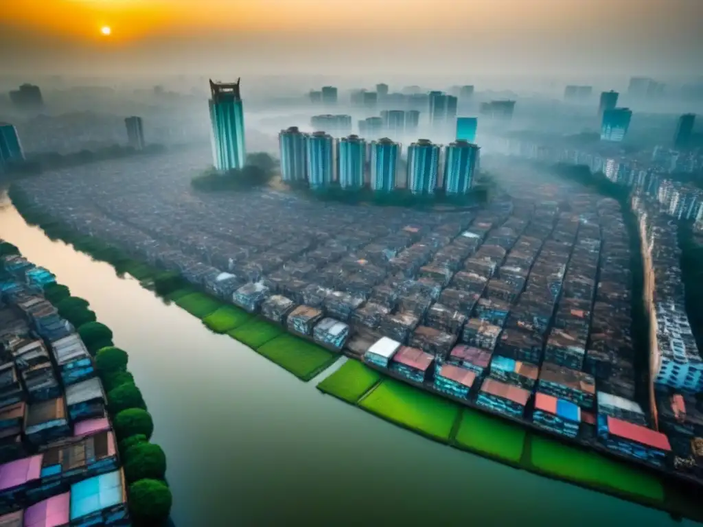 Metrópolis vibrante de Dhaka: oportunidades inmobiliarias en Bangladesh Inversión inmobiliaria en Bangladesh: Vista aérea de Dhaka con rascacielos modernos y arquitectura tradicional junto al río Buriganga