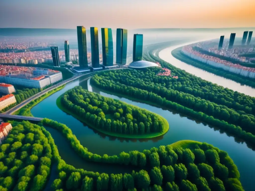 Espléndido horizonte urbano moderno en Europa del Este Inversión inmobiliaria Europa del Este: Vista aérea de un moderno skyline rodeado de ríos y áreas verdes, reflejando luz en sus edificios