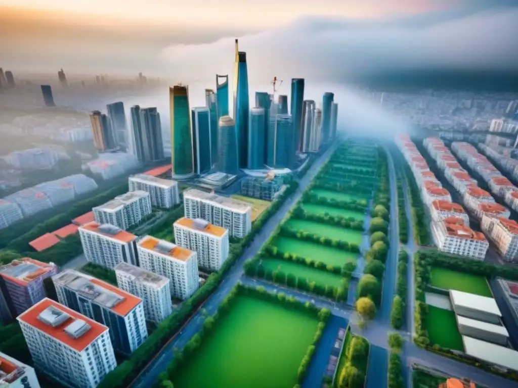 Metamorfosis urbana: oportunidades de inversión en economías emergentes Inversión inmobiliaria en economías en transición: Vista aérea de una ciudad dinámica con arquitectura tradicional y moderna, reflejando su evolución y potencial de inversión