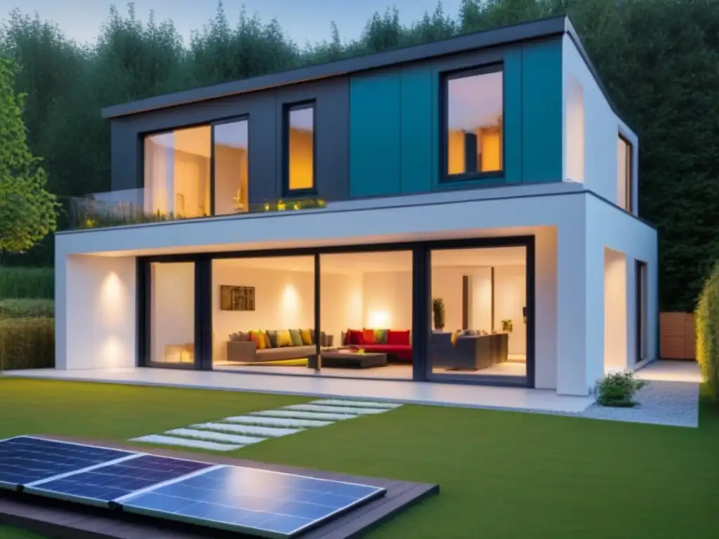 Casa pasiva moderna: diseño ecofriendly y luminoso Inversión inmobiliaria en viviendas pasivas: Casa moderna rodeada de naturaleza, con energía solar y jardín colorido