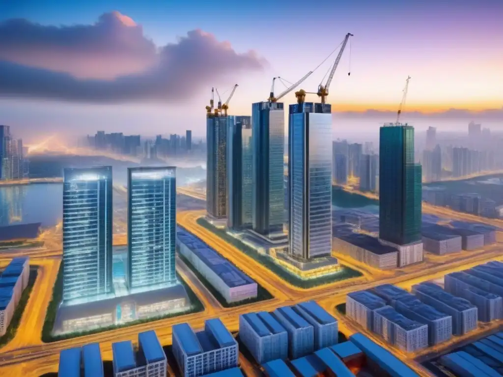 Metrópolis en crecimiento: inversión inmobiliaria y desarrollo urbano Inversión inmobiliaria en zonas de recuperación económica: Profesionales colaborando en diseño de rascacielos en ciudad vibrante