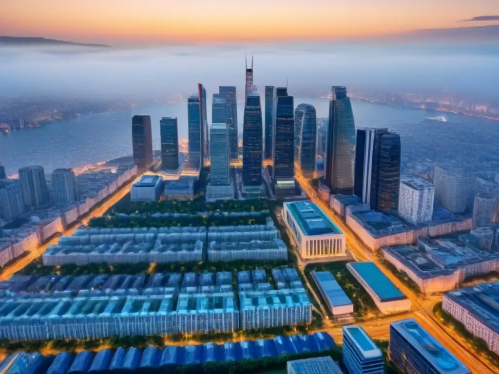 Vista aérea impresionante: modernidad y historia en la ciudad Inversión inmobiliaria en zonas de recuperación económica: ciudad bulliciosa con rascacielos modernos, edificios históricos y espacios verdes, bañada por la cálida luz del atardecer en un cielo azul claro