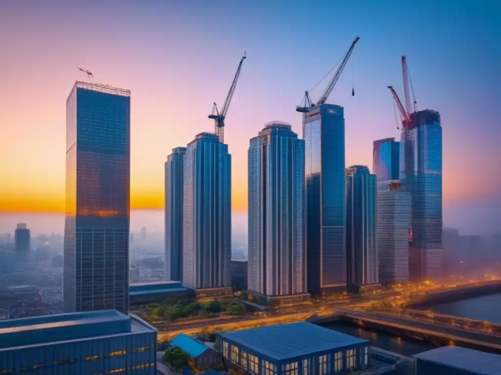 Renovación urbana: mezcla de arquitectura moderna y clásica al atardecer Inversión inmobiliaria en zonas de recuperación económica: mezcla dinámica de arquitectura antigua y moderna en una ciudad revitalizada al atardecer