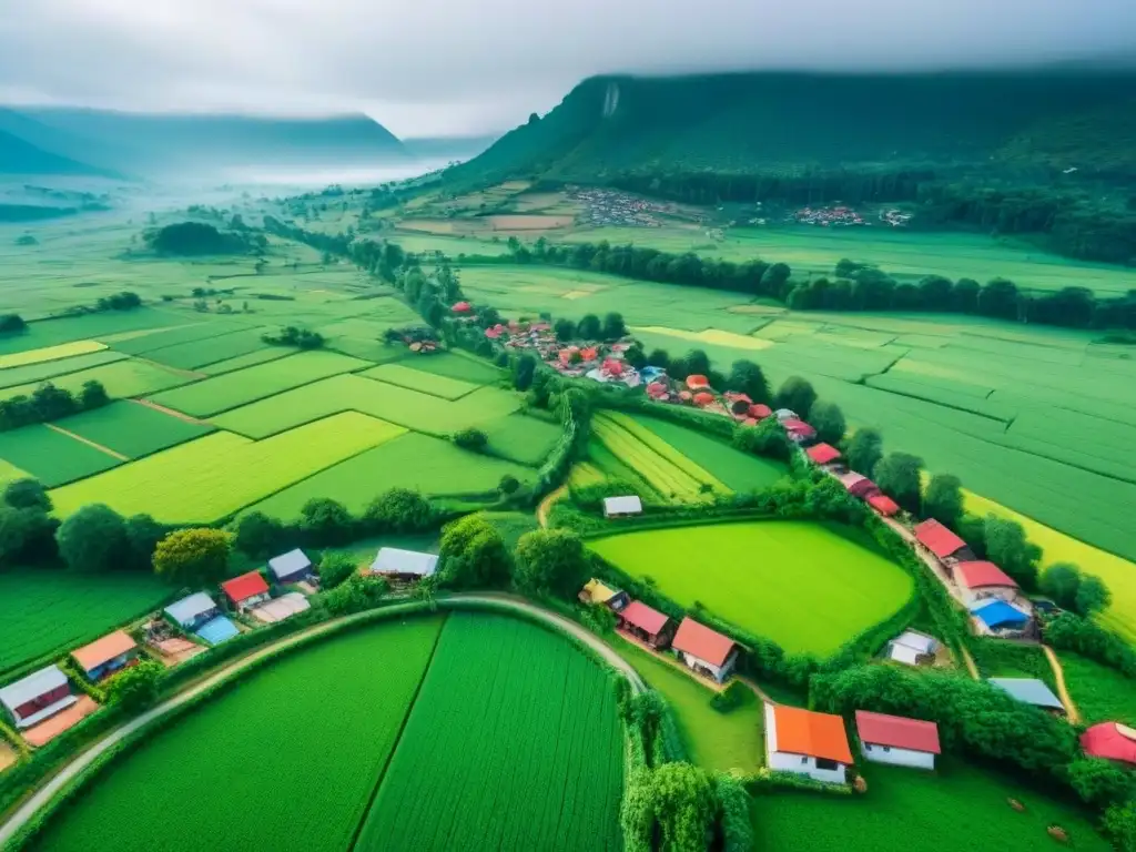 Comunidad rural próspera: inversión inmobiliaria sostenible Inversión inmobiliaria en zonas rurales: comunidad vibrante con casas coloridas, mercados bulliciosos y paisaje exuberante