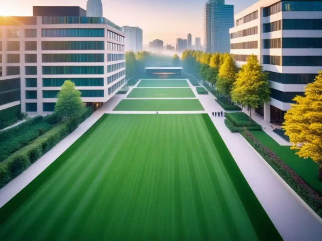 Campus universitario vibrante en entorno moderno Inversión inmobiliaria en zonas universitarias rentables: Campus animado con modernos edificios y estudiantes entre clases al atardecer