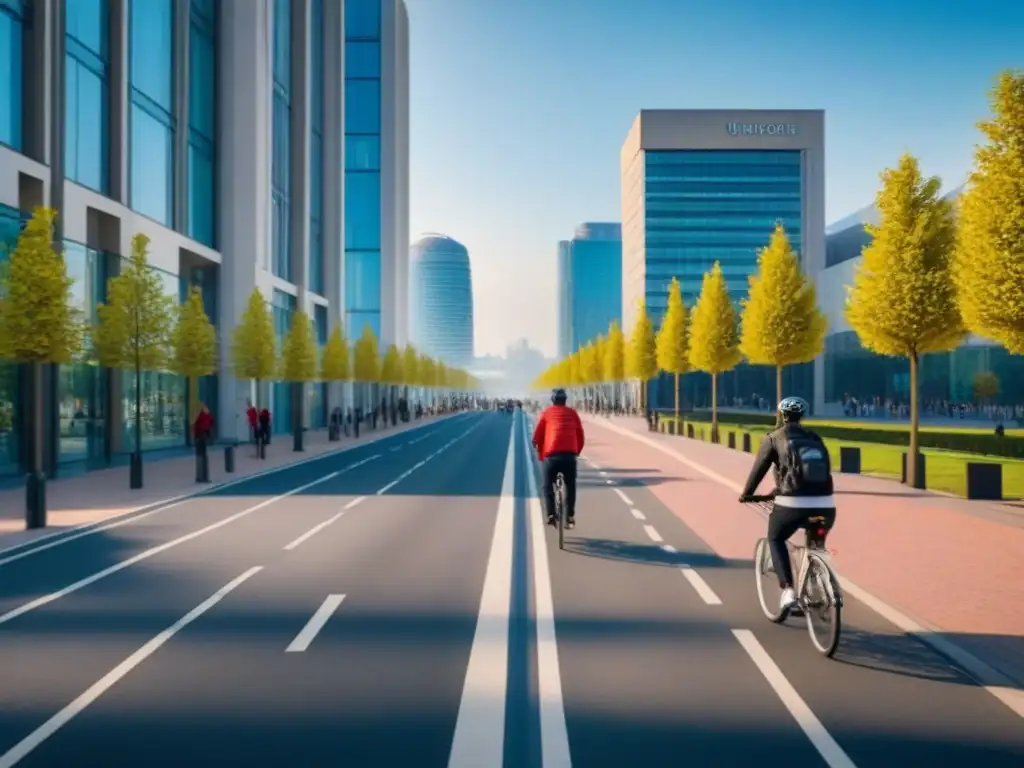 Inversiones rentables en zonas universitarias: modernidad y vitalidad Inversión inmobiliaria en zonas universitarias rentables: Ciudad bulliciosa y campus vibrante con estudiantes y bicicletas bajo cielo azul claro