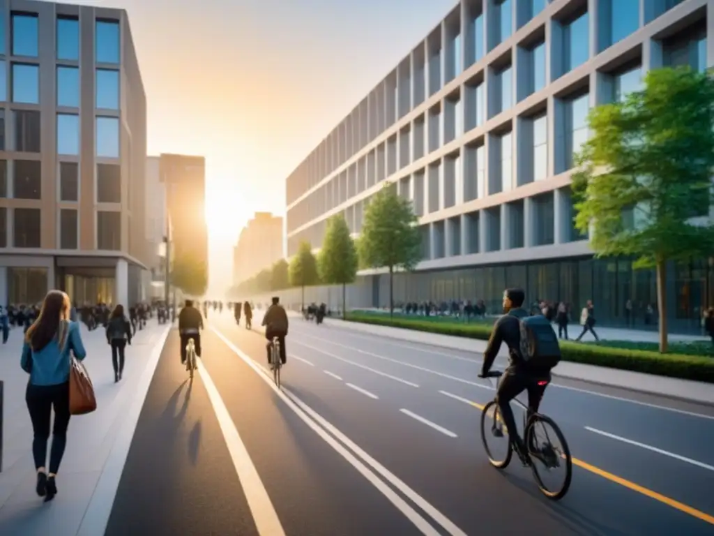 Escena universitaria vibrante: ciudad moderna al atardecer Inversión inmobiliaria en zonas universitarias: Vibrante escena urbana con estudiantes y modernos edificios al atardecer