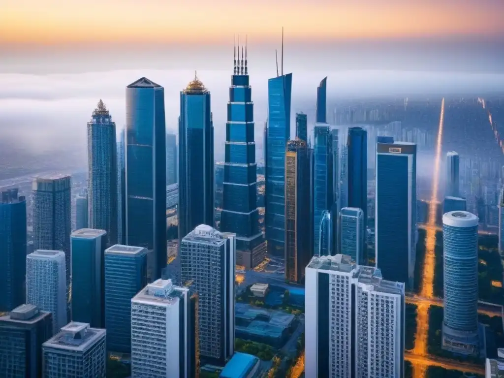 Oportunidades de inversión inmobiliaria global Inversión inteligente mercado inmobiliario internacional: Vista aérea de una ciudad vibrante con rascacielos modernos
