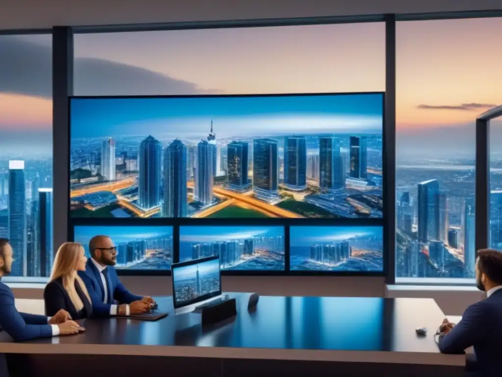 Inversores globales en escena de mercado inmobiliario de lujo Inversión inteligente en mercado inmobiliario internacional: escena moderna de inversores en ciudad con rascacielos y transacciones financieras