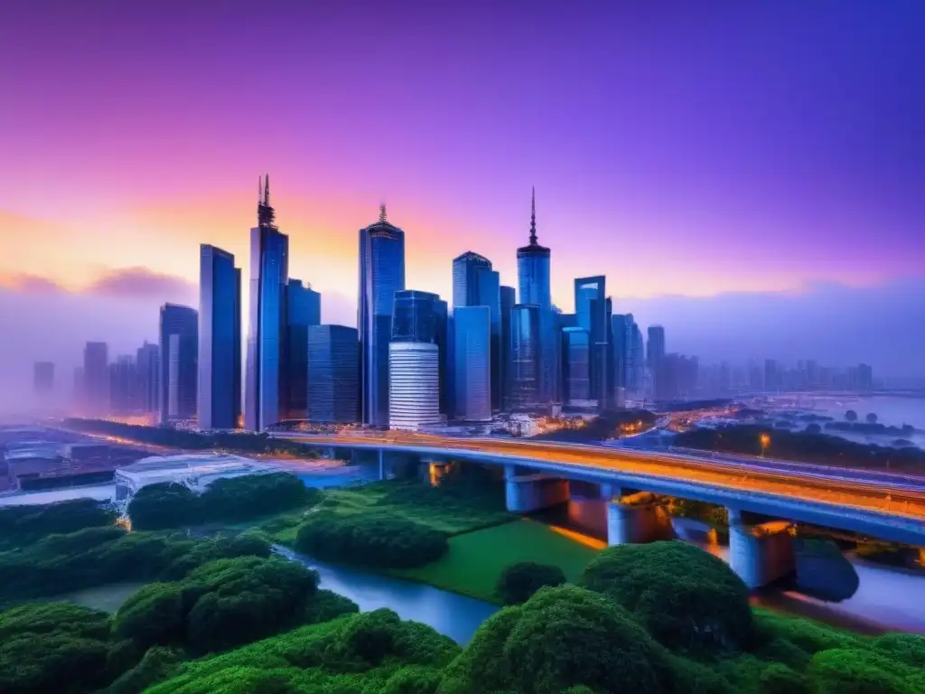 Horizonte urbano moderno al atardecer: resiliencia y crecimiento Inversión inteligente en moderna ciudad al atardecer, resplandeciendo entre cielo anaranjado y morado