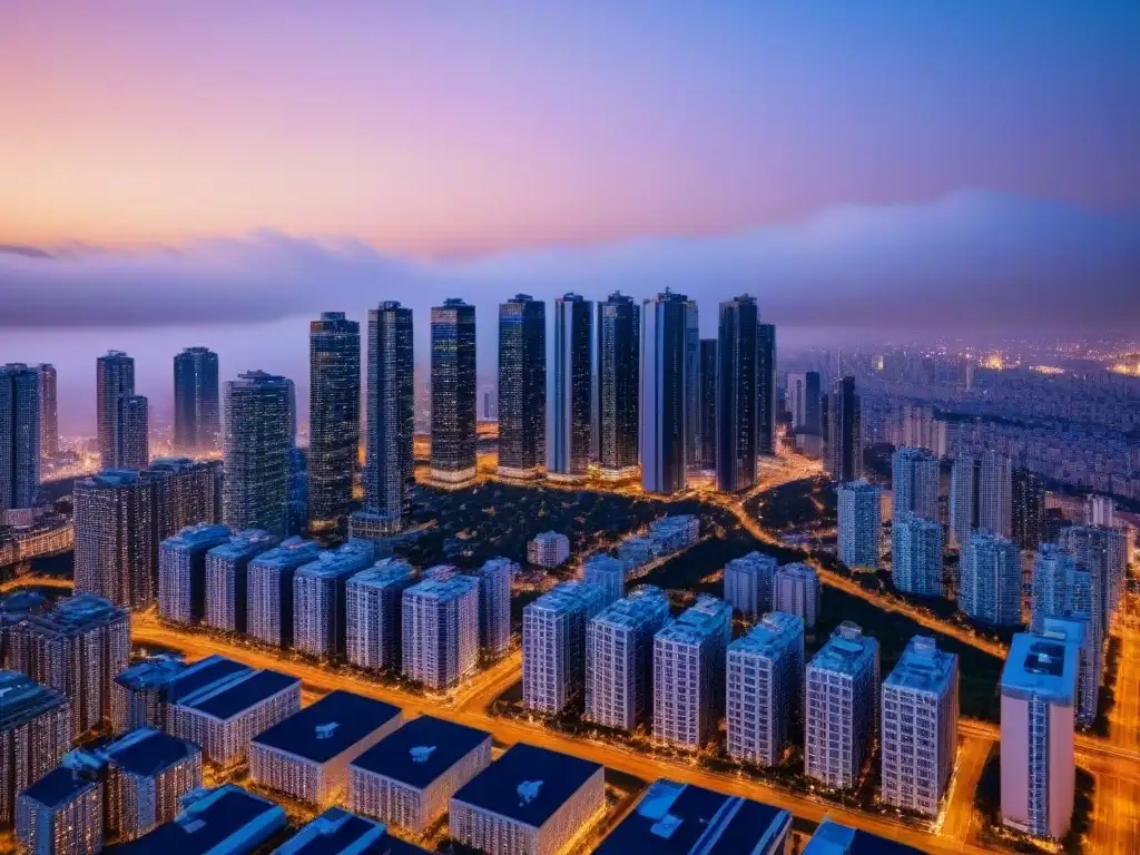 Panorámica nocturna de una ciudad moderna: luces y arquitectura urbana Inversión inteligente en vivienda asequible: vibrante ciudad moderna al atardecer con rascacielos y edificios residenciales iluminados