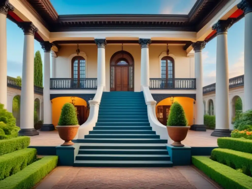 Mansión histórica restaurada: lujo, elegancia y belleza atemporal Inversión en mansiones históricas: Una mansión histórica exquisitamente restaurada rodeada de jardines floridos bajo un cielo azul