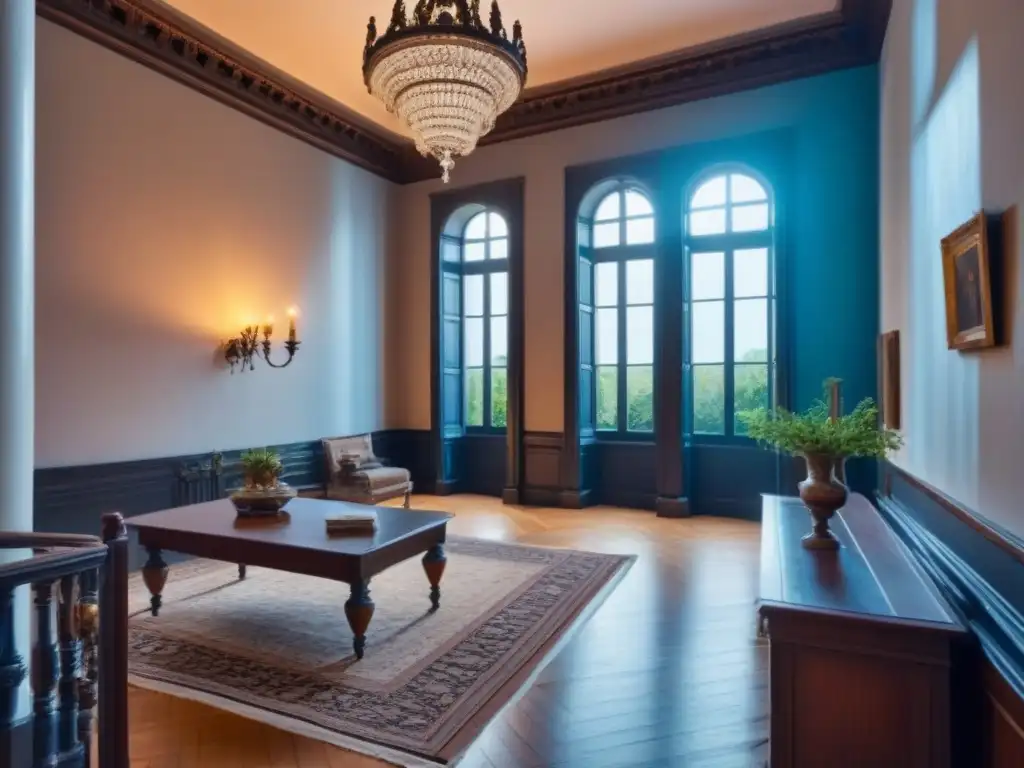 Espléndida mansión histórica restaurada en jardines verdes y cielo azul Inversión en mansiones históricas: Mansión restaurada con detalles arquitectónicos rodeada de jardines verdes y cielo azul