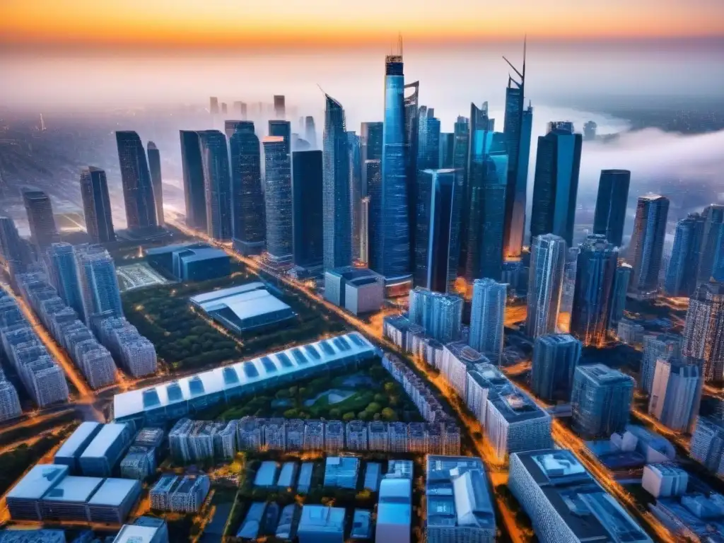 Vista aérea impresionante de una ciudad en crecimiento Inversión en mercado inmobiliario emergente: Vista aérea de la dinámica ciudad con rascacielos modernos y energía vibrante