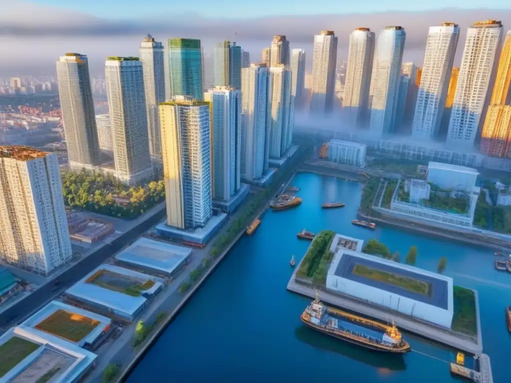 Metrópolis emergente: oportunidades de inversión en un vibrante horizonte urbano Inversión en mercado inmobiliario emergente: Vista aérea de ciudad vibrante con rascacielos y construcciones, reflejo de oportunidad y crecimiento
