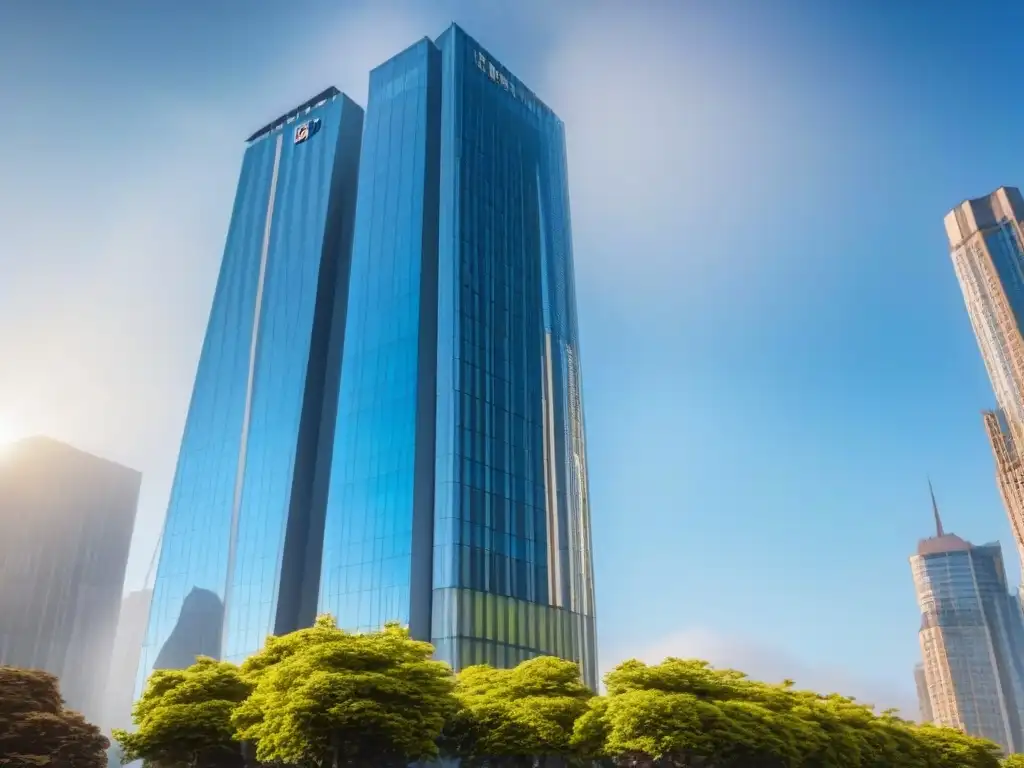 Rascacielos moderno: símbolo de prosperidad en mercado inmobiliario global Inversión en mercado inmobiliario global: rascacielos moderno brillando bajo el sol, rodeado de árboles y ciudad bulliciosa