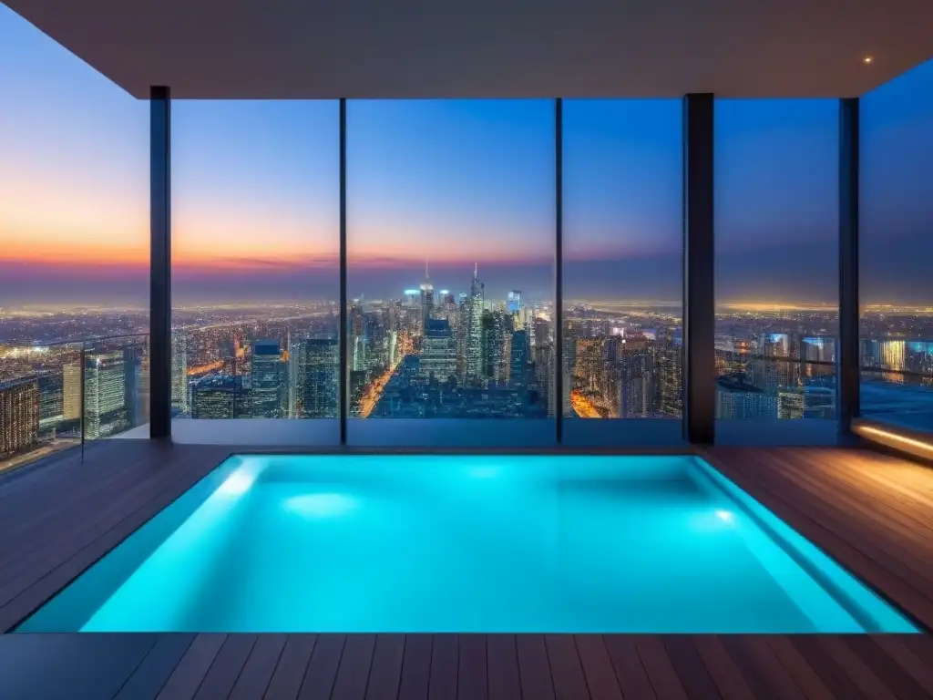 Espectacular penthouse moderno con vista panorámica a la ciudad Inversión en mercado inmobiliario internacional: Penthouse moderno de lujo con vista panorámica a la ciudad y piscina bajo un cielo estrellado