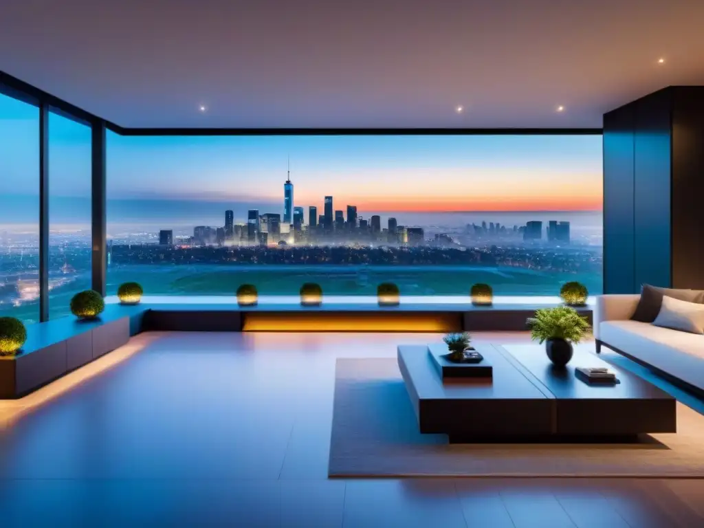 Residencia inteligente de lujo: tecnología avanzada y sofisticación Inversión en mercado inmobiliario internacional: Casa inteligente moderna de lujo con tecnología avanzada y vistas urbanas al anochecer