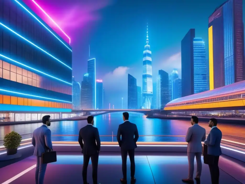 Metrópolis futurista: rascacielos y neon lights Inversión en mercado inmobiliario internacional: Ciudad futurista con rascacielos, transporte avanzado y profesionales en discusiones animadas