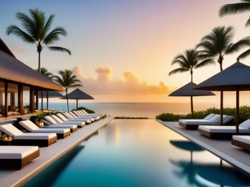 Resort de lujo frente al mar al atardecer: inversión exclusiva Inversión en mercado inmobiliario internacional: Resort de lujo frente al mar con piscinas infinitas y paisajismo tropical al atardecer