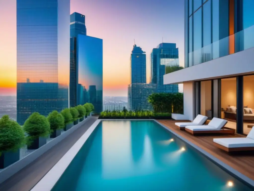 Condominio de lujo: atardecer urbano y exclusividad Inversión en mercado inmobiliario internacional: Lujoso complejo residencial con vistas a la ciudad al atardecer