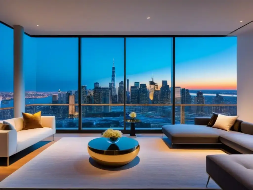 Penthouse de lujo ultramoderno con vistas panorámicas al atardecer Inversión en mercado inmobiliario internacional: lujoso ático ultramoderno con ventanales y vistas a la ciudad al atardecer
