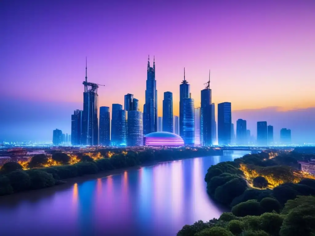 Horizonte futurista: ciudad iluminada en la noche Inversión en mercado inmobiliario internacional: Ciudad futurista al atardecer, con rascacielos iluminados y río sereno