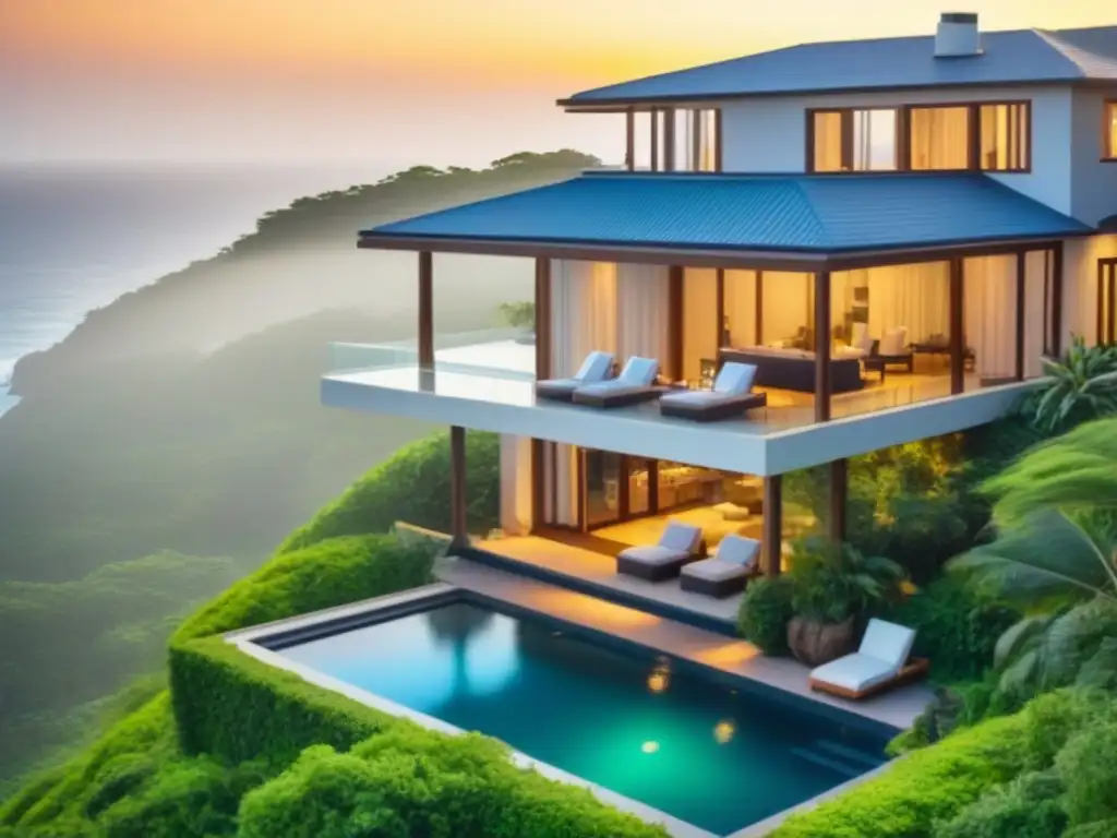 Inversión vacacional de lujo: atardecer frente al mar Inversión en propiedad vacacional postCOVID: lujosa propiedad con piscina, arquitectura moderna y atardecer sobre el océano