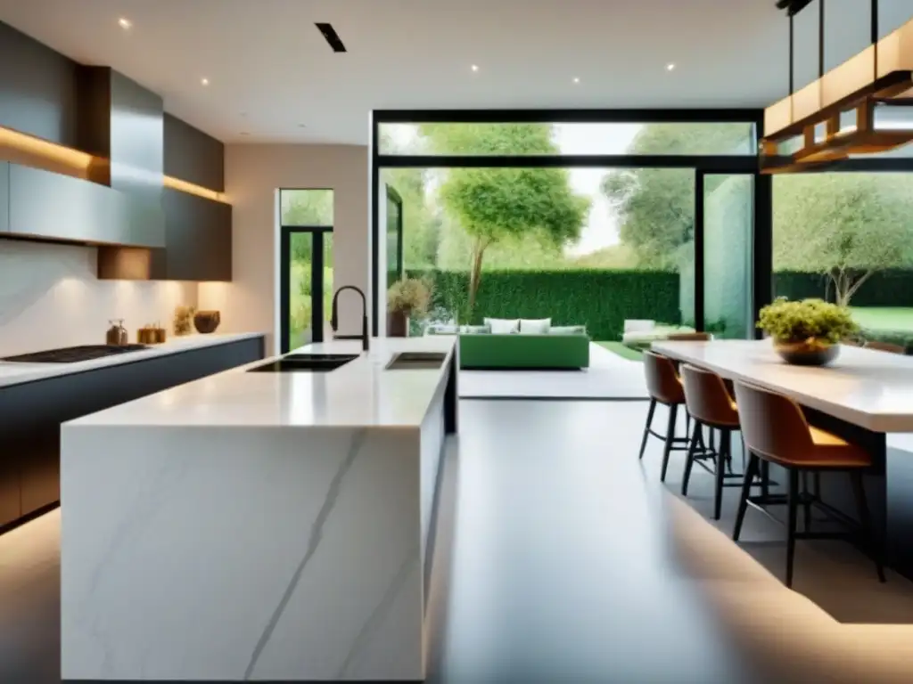 Renovación de cocina de lujo: diseño elegante con mármol blanco y electrodomésticos de alta gama Inversión en renovaciones de lujo: cocina moderna con acabados elegantes, isla con borde de cascada y vistas a jardín verde