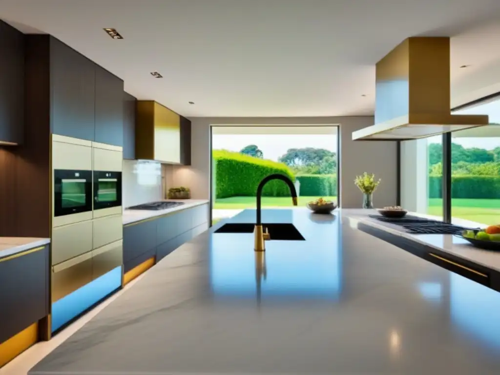 Renovación de cocina de lujo: mármol, acero inoxidable y detalles dorados Una inversión en renovaciones de lujo con rentabilidad asegurada: cocina moderna con elegantes detalles dorados y ventanales que dan al jardín