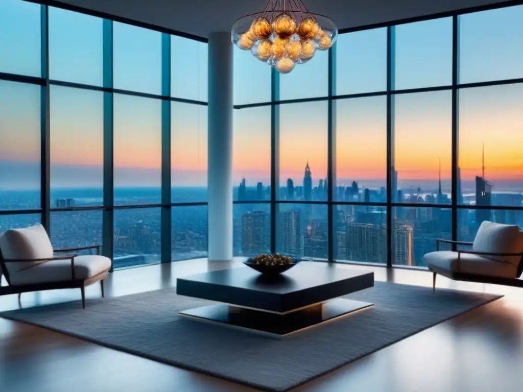 Salón penthouse de lujo con vistas urbanas y arte abstracto Inversión en renovaciones de lujo: sala de estar moderna y lujosa con vistas a la ciudad y decoración contemporánea