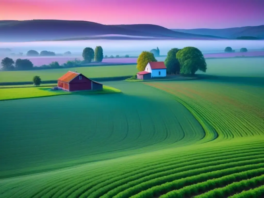 Inversión sabia: Atardecer sereno en campo rural Inversión rentable propiedades rurales: Atardecer sereno en un extenso campo verde con una casa al fondo, cielo cálido en tonos naranja y rosa