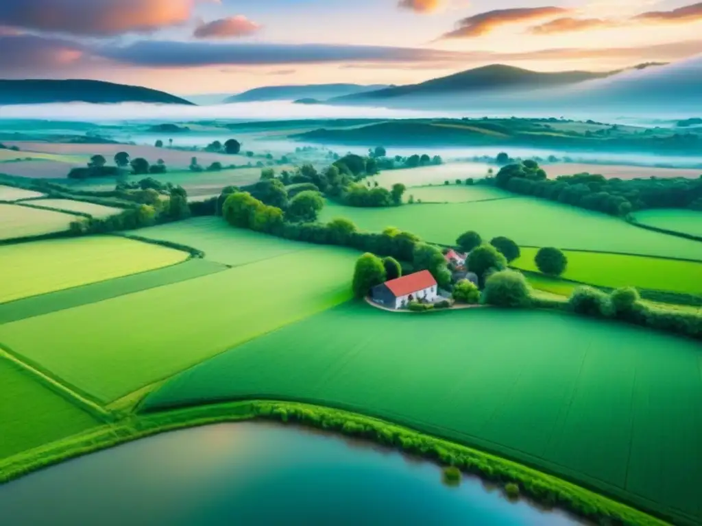 Paisaje rural: belleza atemporal y rentabilidad Inversión rentable propiedades rurales: Paisaje rural idílico con colinas verdes, río y granjas pintorescas al atardecer