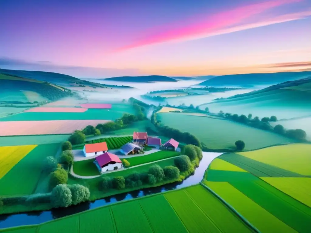 Paisaje rural idílico al atardecer: inversión próspera en la naturaleza Inversión rentable propiedades rurales: Paisaje rural pintoresco al atardecer con colinas verdes, río sereno y granja encantadora a lo lejos