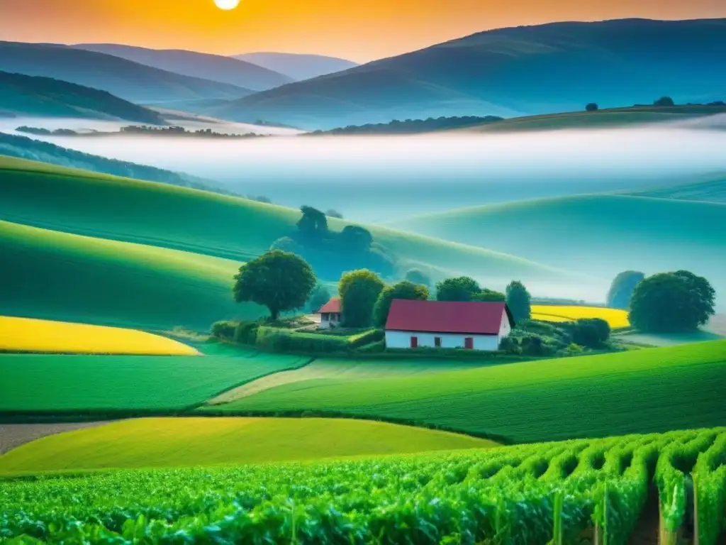 Idílica granja en paisaje rural verde y sereno Inversión rentable propiedades rurales: Hermoso paisaje rural con granja, colinas y campos vibrantes bajo cielo azul y sol dorado
