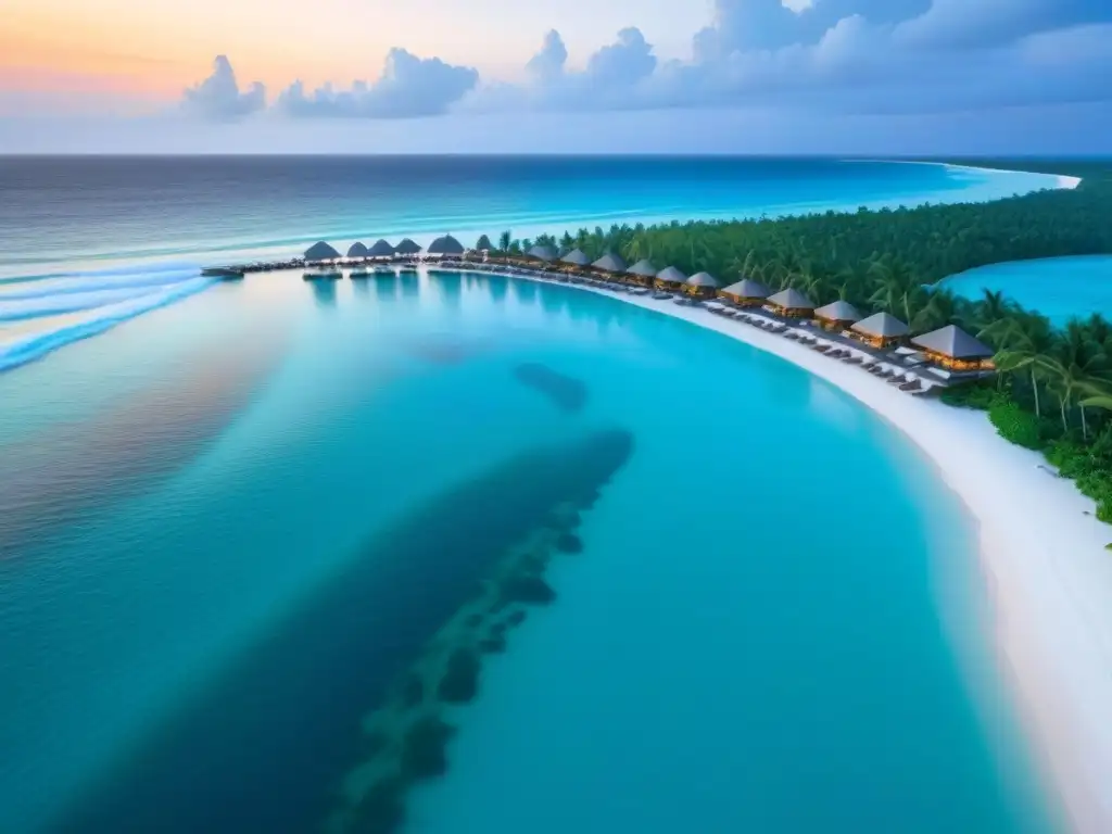 Paraíso tropical de lujo: resort frente al mar Inversión en resorts de lujo internacional: Atardecer dorado en resort de lujo frente al mar con piscinas infinitas y jardines tropicales exuberantes