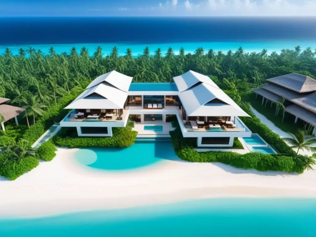 Resort de lujo frente al mar: inversión exclusiva en paraíso tropical Inversión en resorts de lujo internacional: Vista aérea de resort de lujo en la playa con aguas turquesa y jardines tropicales