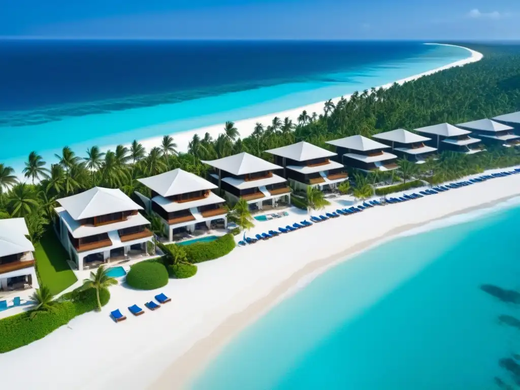 Paraíso de lujo: Resort frente al mar con villas privadas y aguas turquesas Inversión en resorts de lujo internacional: Vista aérea de un lujoso resort en la playa con aguas turquesas y villas elegantes con piscinas privadas