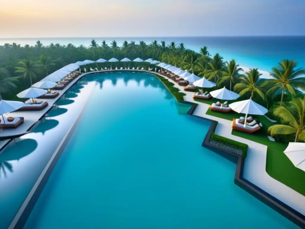 Resort de lujo frente al mar: modernidad y elegancia en un paraíso dorado Inversión en resorts de lujo internacional: Vista aérea de un resort de lujo en la playa al atardecer, con playas de arena blanca y aguas turquesas