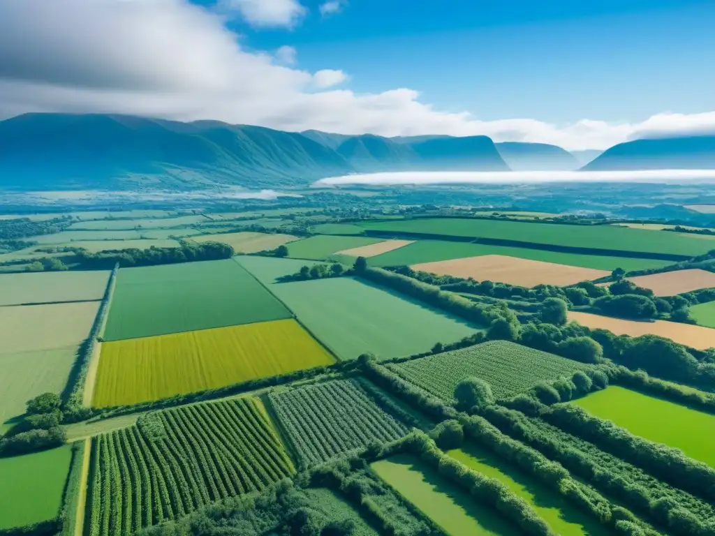Tierras Verdes: Inversión en Bienes Raíces en América del Norte Inversión rural mercado inmobiliario: Vista aérea impresionante de campos verdes interminables, granjas y montañas majestuosas al fondo