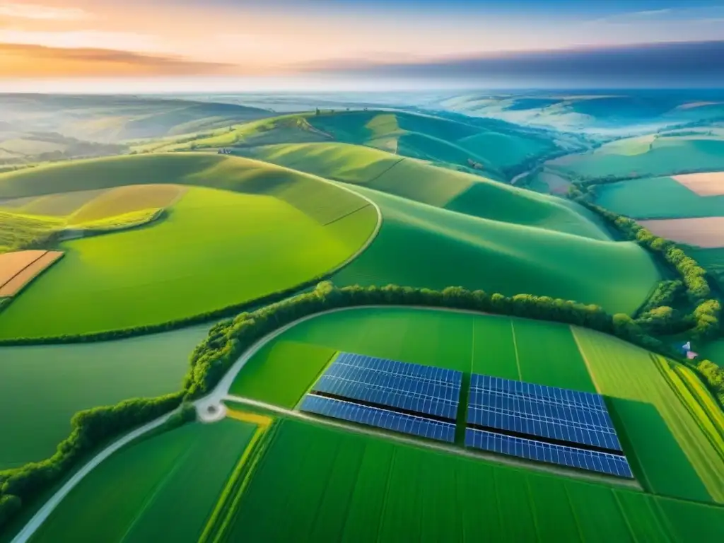 Paisaje rural sostenible: armonía entre naturaleza y tecnología Inversión rural mercado inmobiliario: Atardecer en paisaje rural con granja solar y molinos de viento, armonía entre tradición e innovación