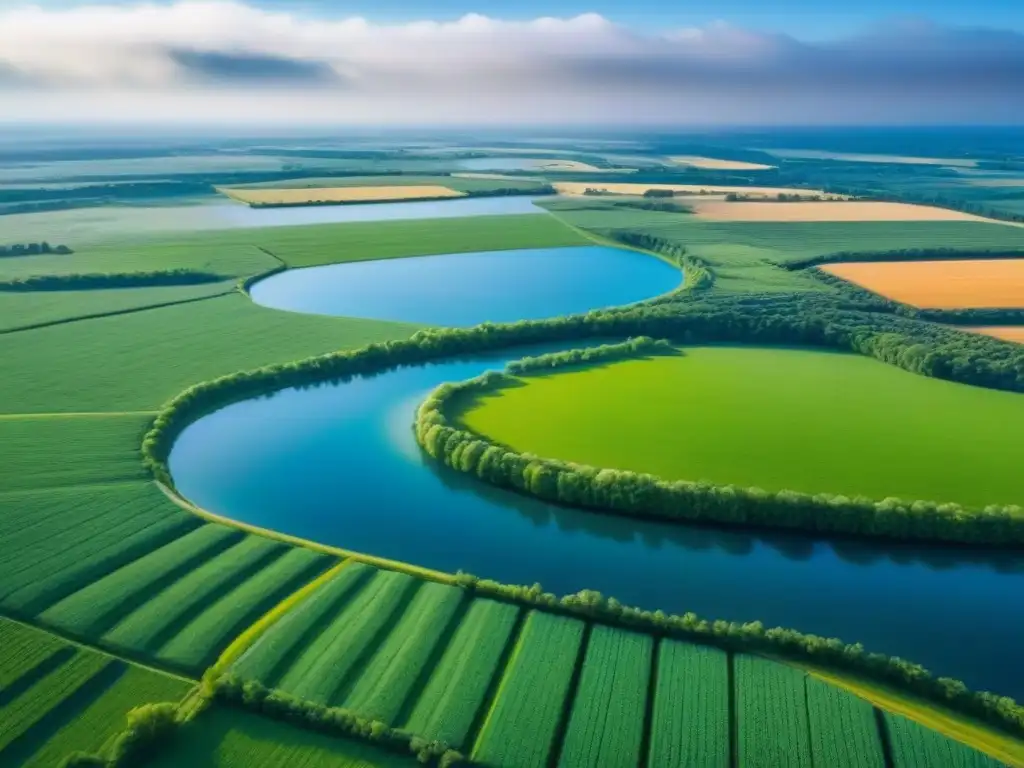 Paisaje rural moderno en América del Norte: granjas, ríos y tecnología Inversión rural mercado inmobiliario: Vista aérea de paisaje rural en Norteamérica con granjas modernas y ríos