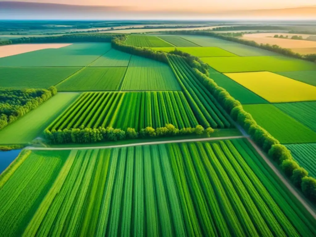 Espléndido atardecer sobre paisaje rural verde en América del Norte La inversión rural en Norteamérica se refleja en este paisaje agrícola verde y extenso bajo la cálida luz del sol poniente