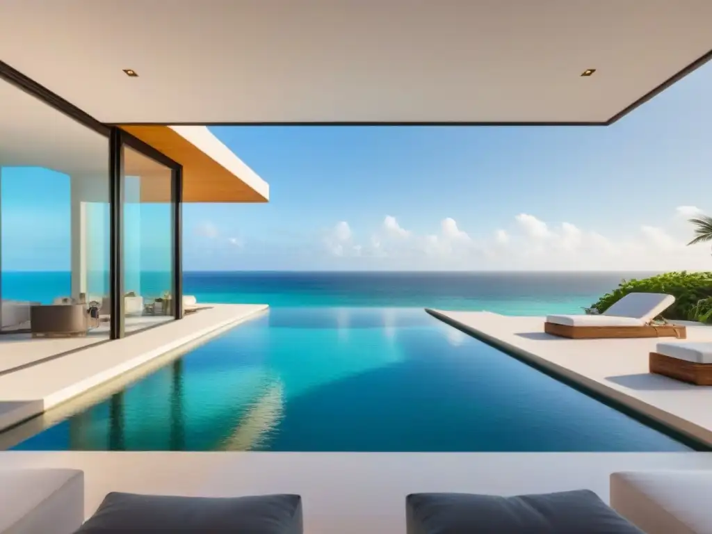 Villa de lujo frente al mar en Norteamérica: inversión exclusiva Inversión en segundas residencias Norteamérica: Villa de lujo en la playa con piscina infinita privada al atardecer