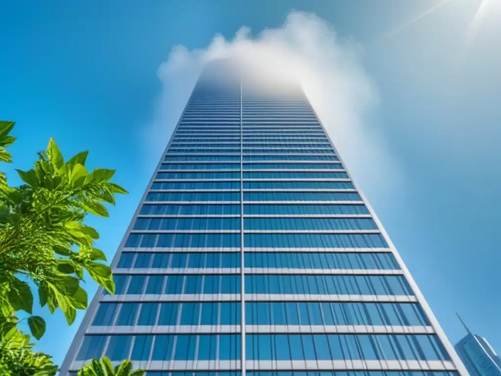 Inversión segura en bienes raíces internacionales: un rascacielos moderno rodeado de naturaleza, reflejando estabilidad y crecimiento