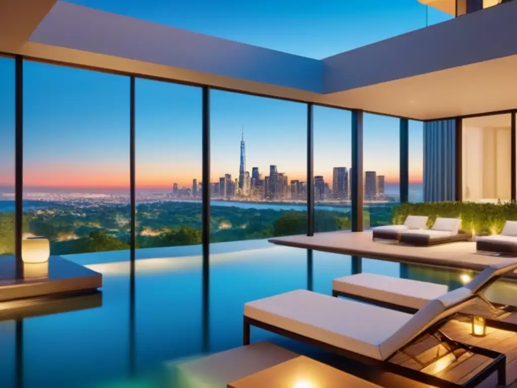 Complejo de lujo con vista a la ciudad al atardecer Inversión segura en mercado inmobiliario: Edificio moderno con vistas a la ciudad al atardecer